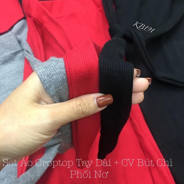 Set Áo Croptop Tay Dài + Chân Váy Bút Chì Phối Nơ