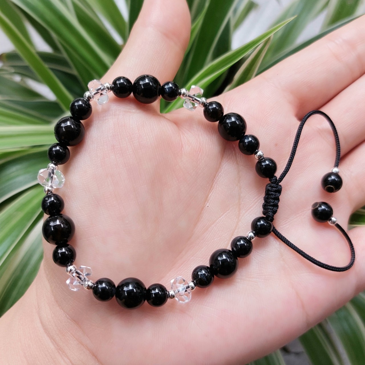 Vòng tay Nữ phong thủy đá huyền thạch mix đá thạch anh cao cấp cầu May Mắn Tài Lộc