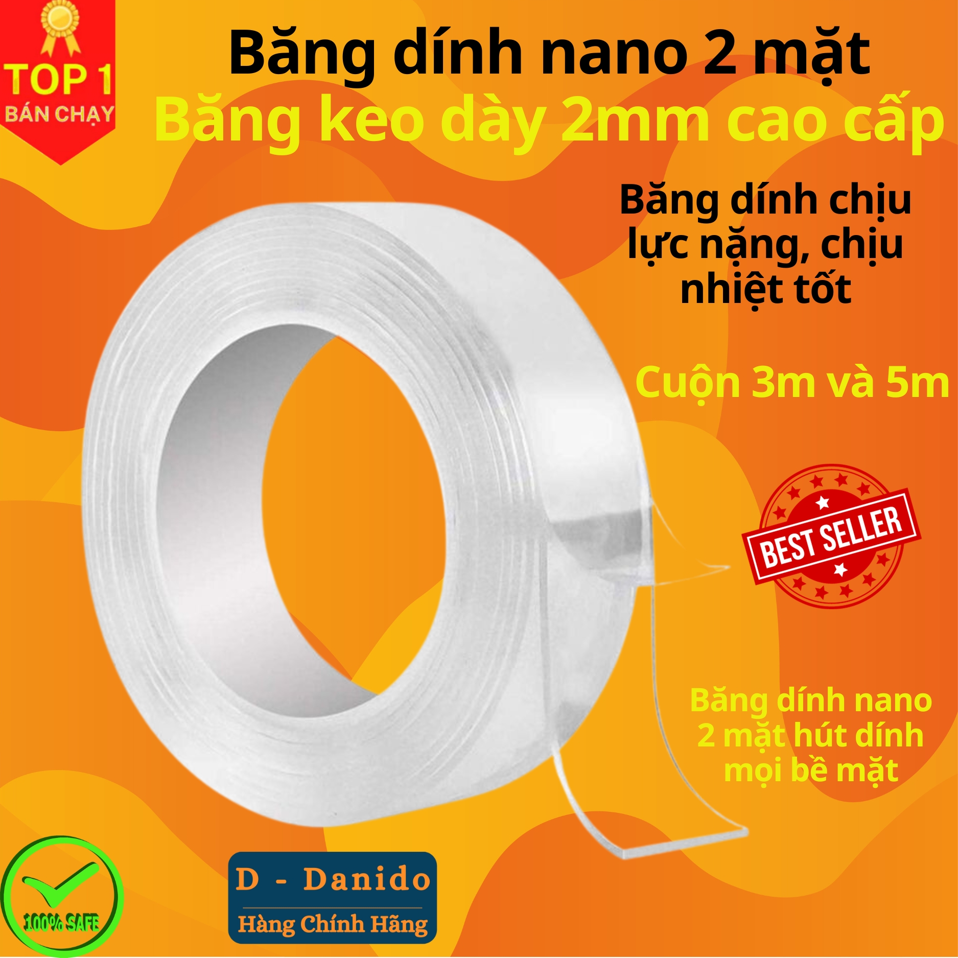 Băng dính nano 2 mặt trong suốt siêu dính, Băng dính hai mặt đa năng siêu dày 2mm loại dài 3m và 5m - Hàng cao cấp chính hãng D Danido 