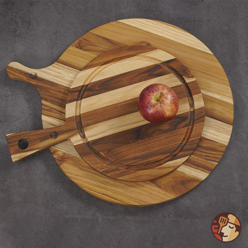 Thớt gỗ Teak Chef Studio cao cấp hình tròn có tay cầm, dùng cho cắt thái và trang trí