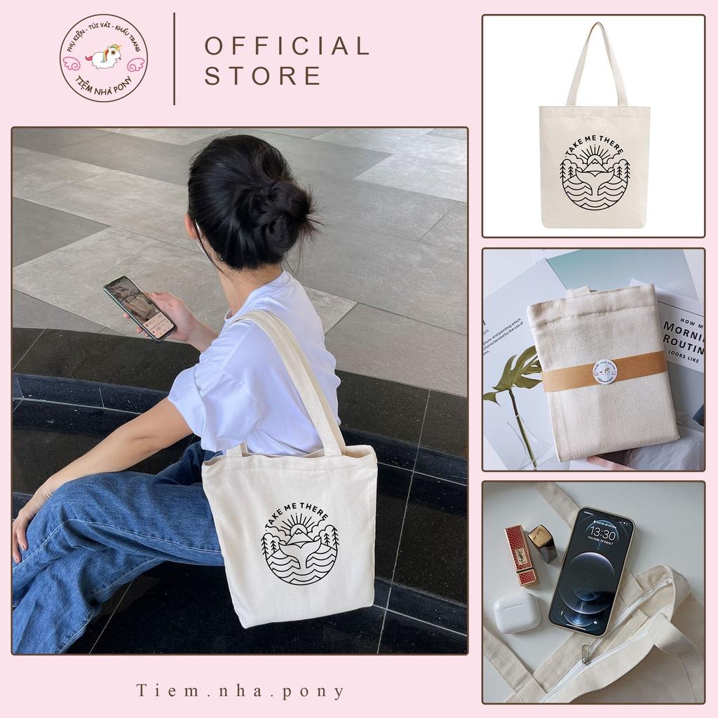 Túi tote vải mộc Tiệm nhà Pony dây kéo in hình Take me there PM17