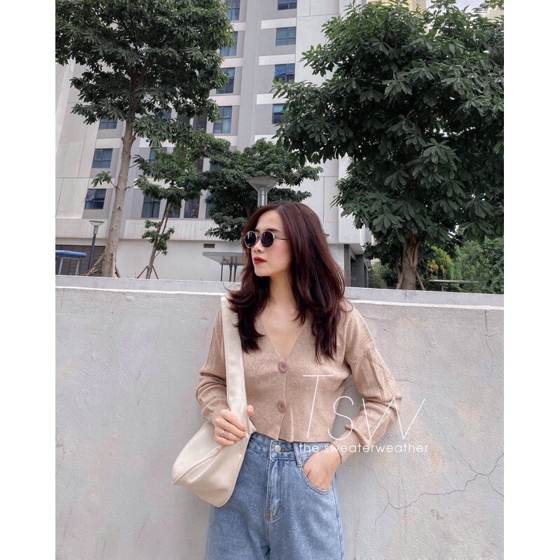 Áo cardigan 2 cúc dáng croptop len mềm xinh xắn