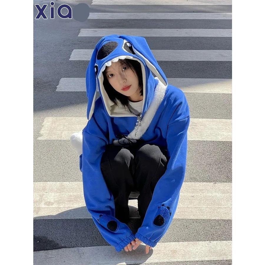 Đẳng cấp áo khóa có mũ hình gấu stick màu xanh form rộng áo hoodie zip unisex hot trend