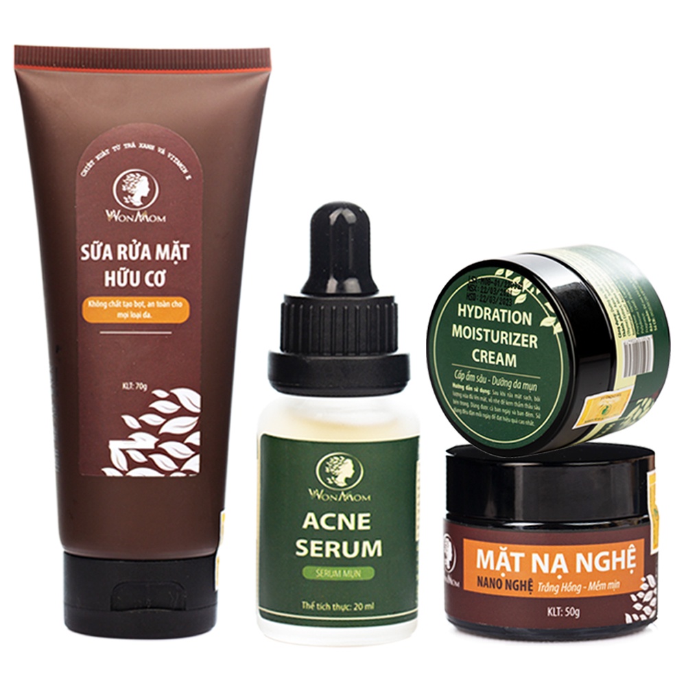 Bộ trắng da, sạch mụn toàn diện Wonmom (Sữa rửa mặt + Kem cấp ẩm + Serum mụn + Mặt nạ nghệ)