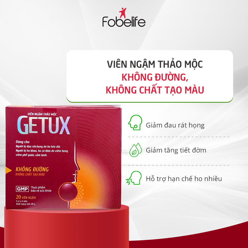 Viên Ngậm Thảo Mộc Giảm Ho Khan Đau Rát Họng GeTux - Hộp 20 viên ngậm
