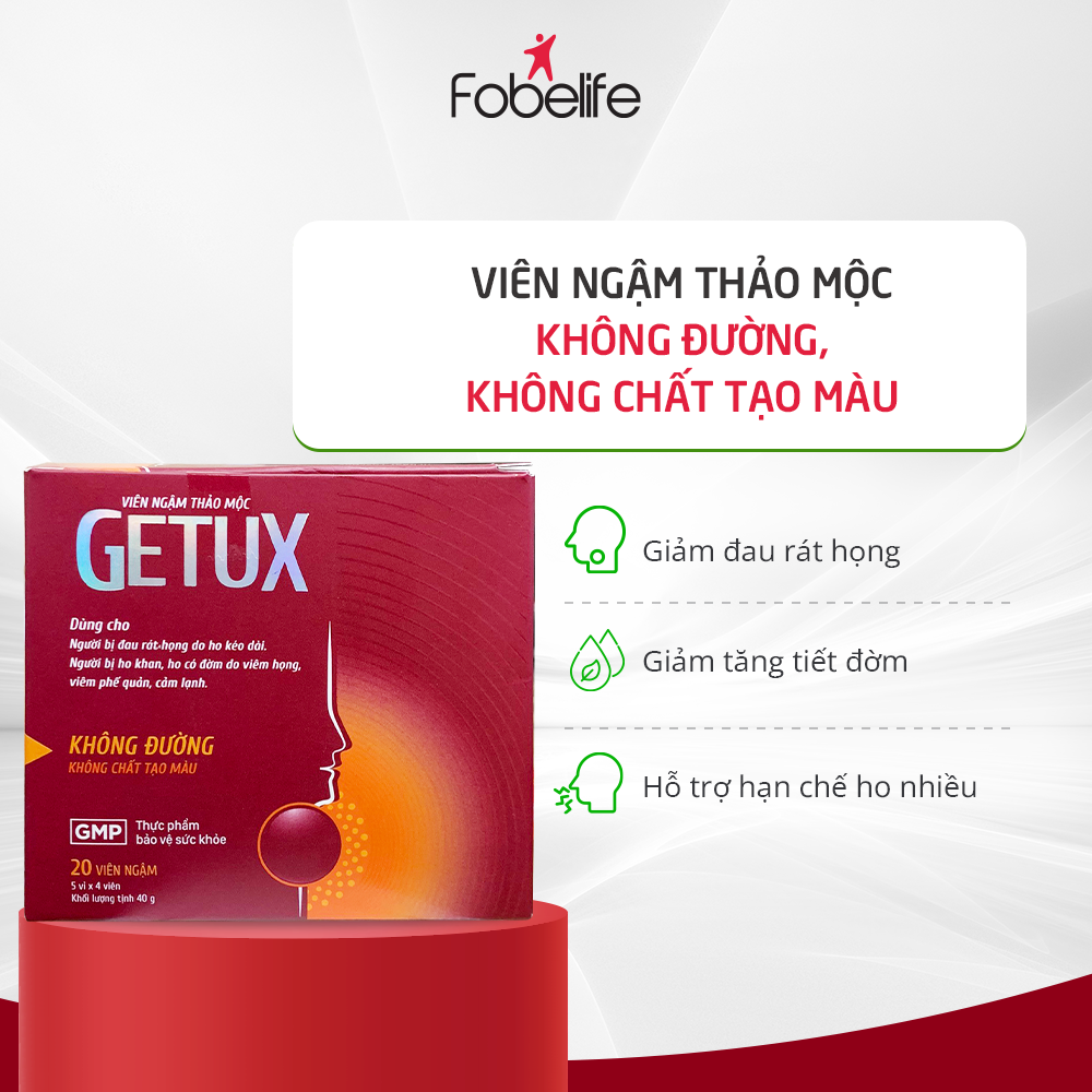 Viên Ngậm Thảo Mộc Giảm Ho Khan Đau Rát Họng GeTux - Hộp 20 viên ngậm 