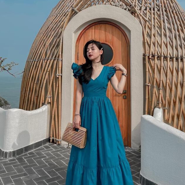 Váy đầm nữ maxi xanh tay bèo tiểu thư Hàn Quốc sang chảnh thích hợp sống ảo