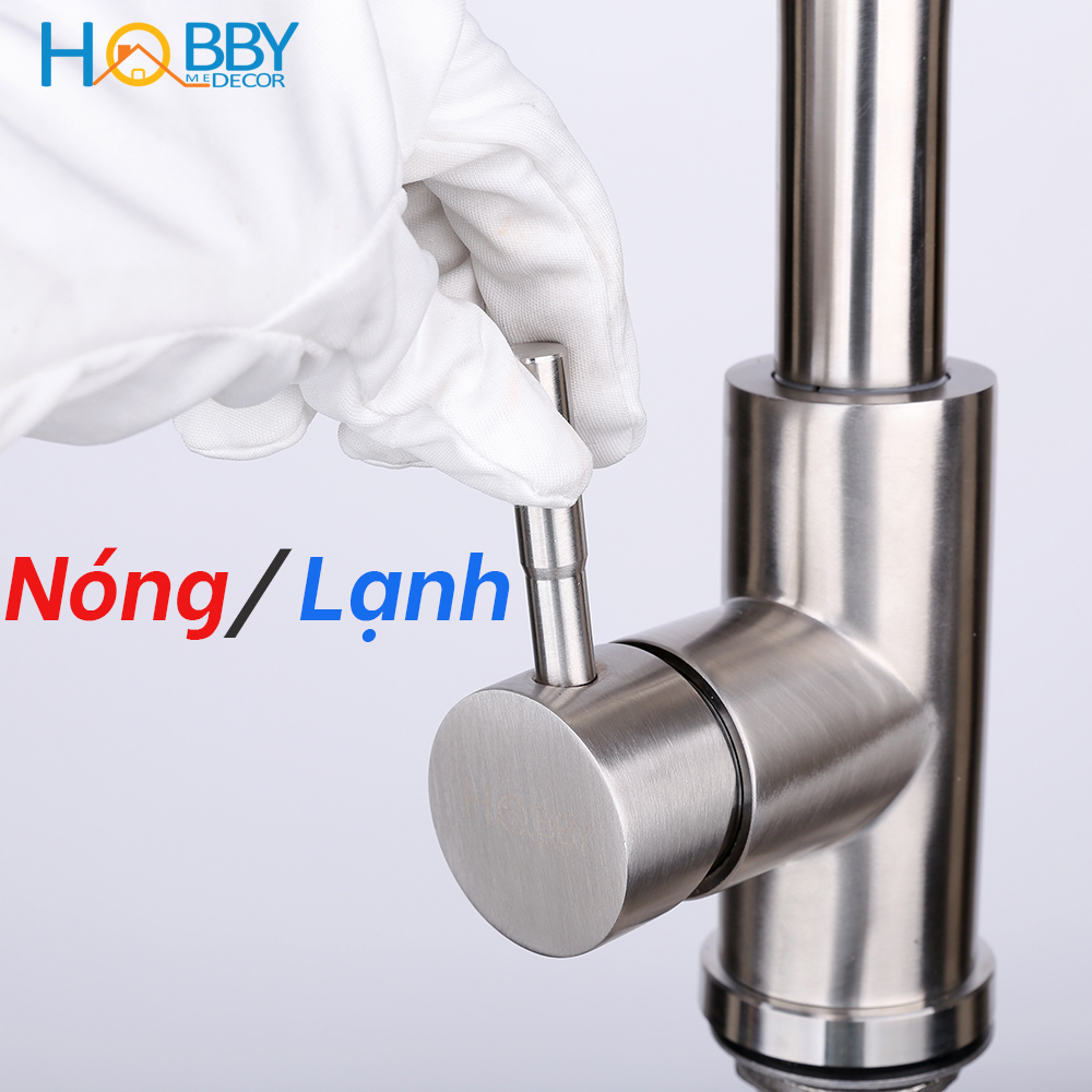 Vòi rửa chén nóng lạnh dây rút HOBBY VDR2 Inox 304 - 2 chế độ phun - đầu vòi kéo dài tiện lợi  - kèm 2 dây cấp nóng lạnh 60cm