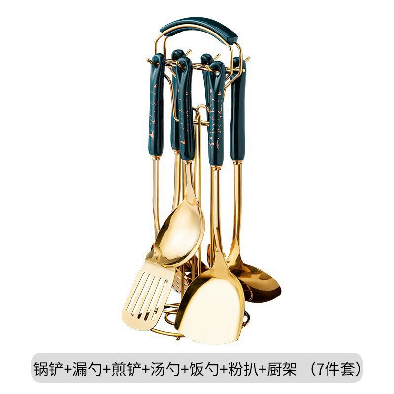 Set môi thìa nhà bếp 7 chi tiết cao cấp, bộ dụng cụ nhà bếp Men ngọc lục bảo chống gỉ sét cao cấp