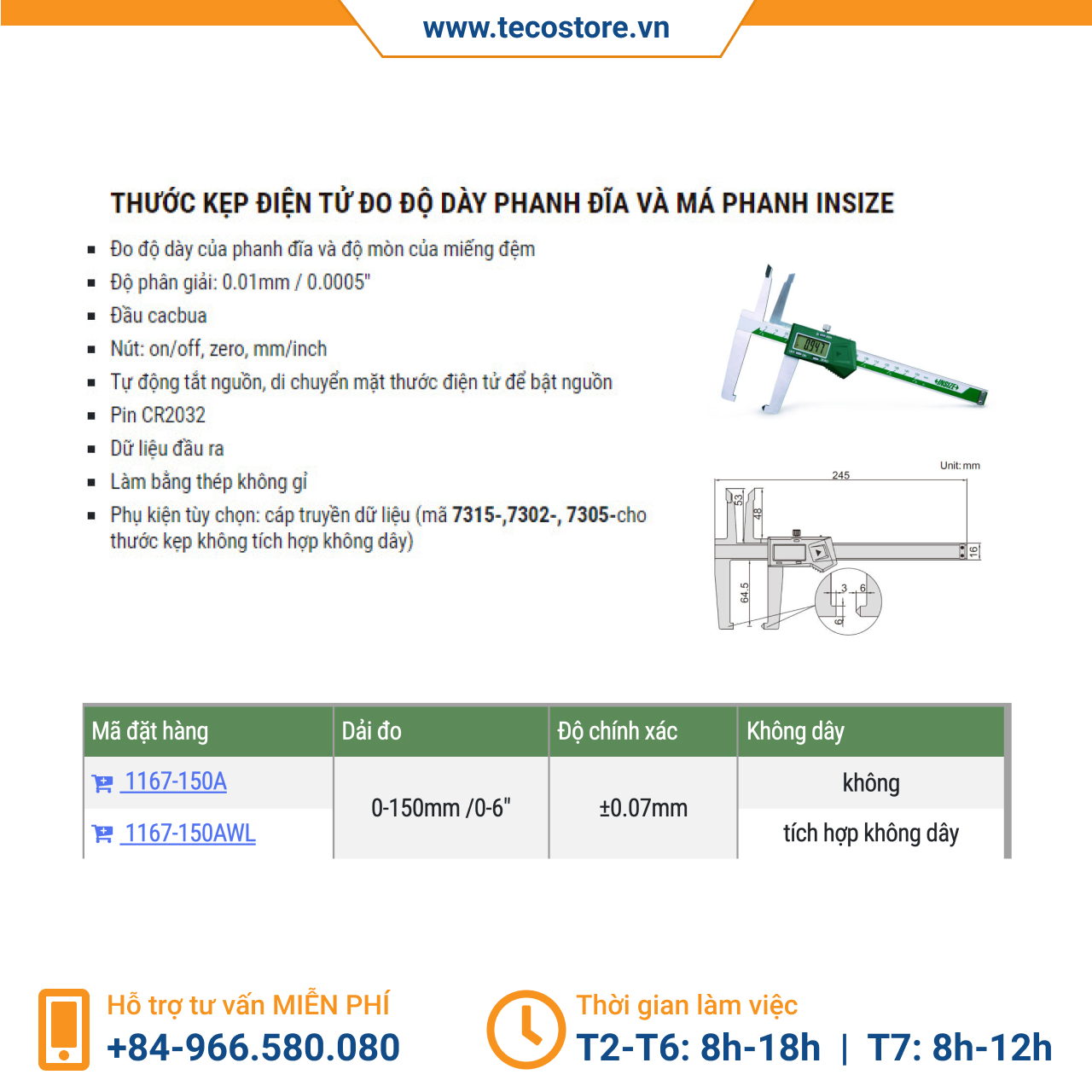 Thước kẹp điện tử đo độ dày phanh đĩa và má phanh Insize 1167