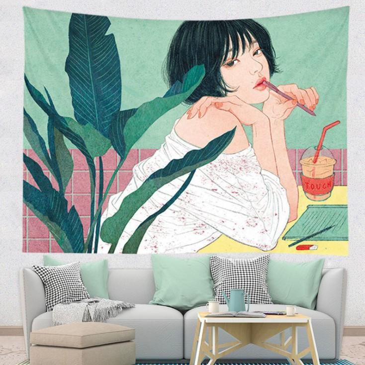 Thảm trang trí - Tranh vải treo tường hình cô gái phong cách thời trang + Tặng kèm móc treo