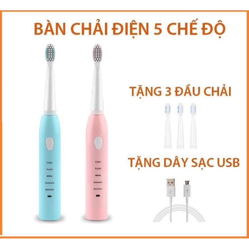 Bàn chải điện đánh răng 5 chế độ tự động tặng 4 đầu chải rung mạnh mẽ giúp đánh bay các mảng bán giúp miệng sạch xẽ thơm tho