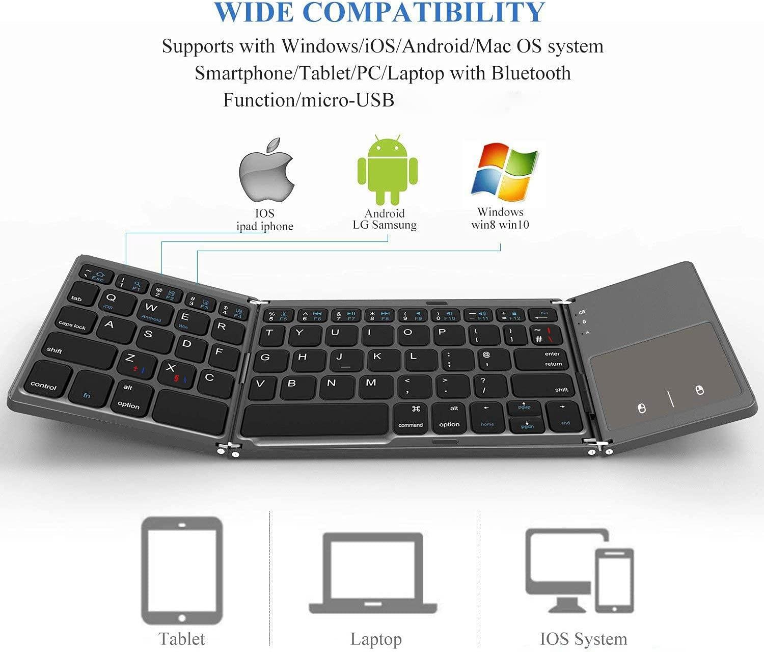 Bàn phím Bluetooth với TouchPad, 2 trong 1, Sạc, Bàn phím không dây có thể gập lại của Portabe, cho PC/Máy tính bảng/TV thông minh