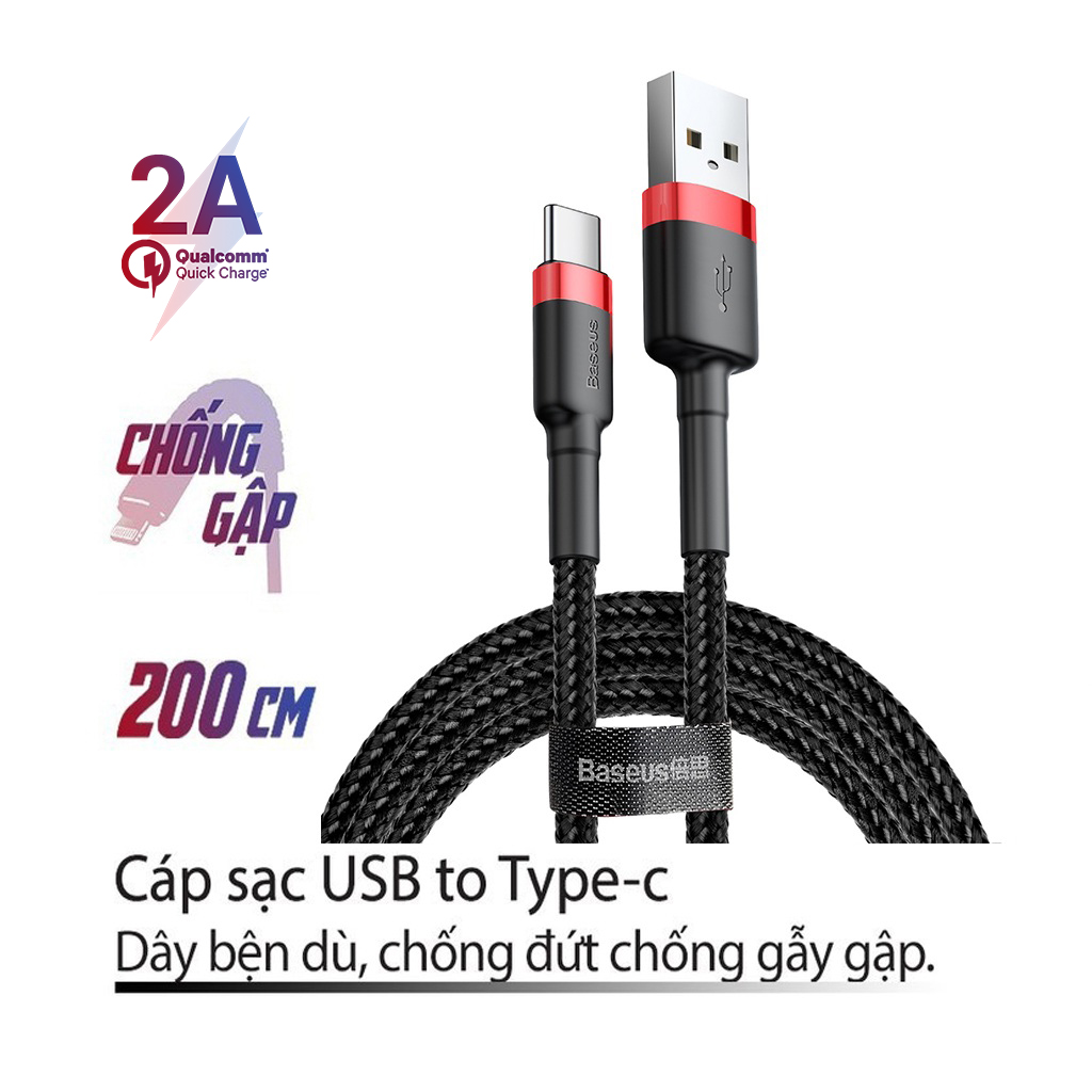 Cáp sạc 2A Baseus Cafule Type-C dây bện chống đứt truyền dữ liệu dài 200CM cho Android ( 2 màu ) - Hàng chính hãng