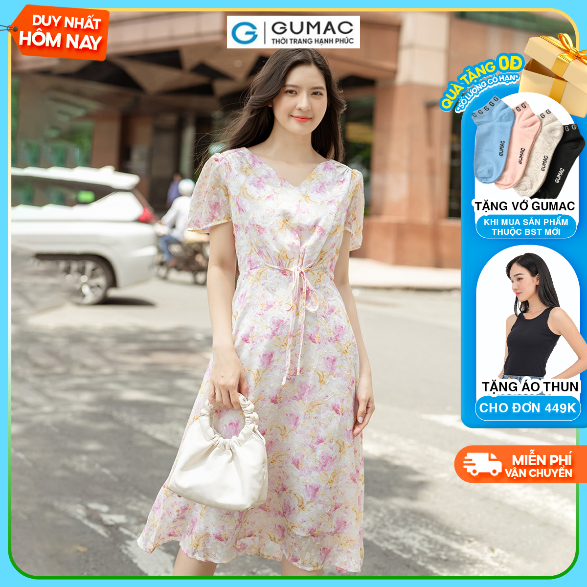 Đầm 2 lớp cổ V hoa thắt nơ eo nữ tính thanh lịch thời trang GUMAC DD06015