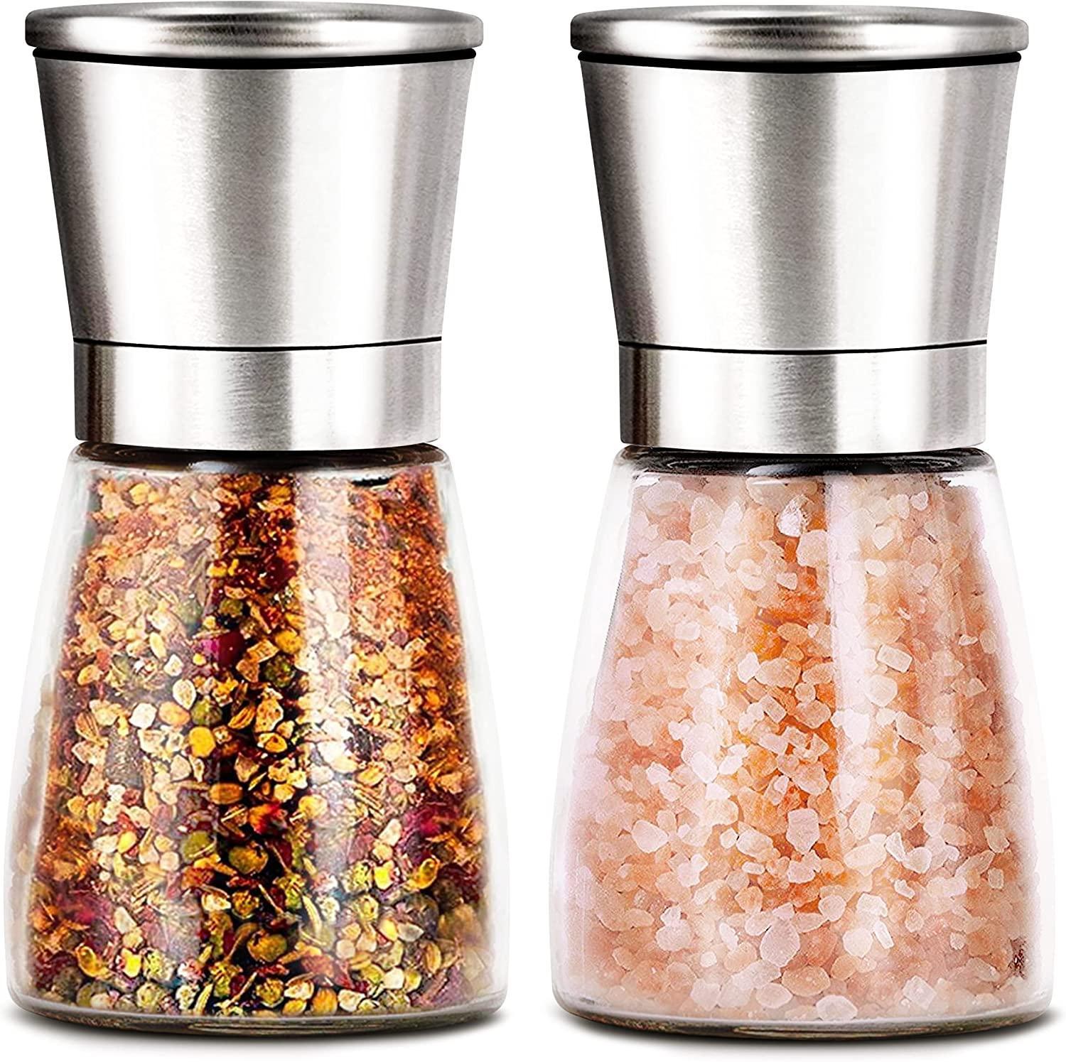 Bộ dụng cụ mài muối và hạt tiêu - 2 bộ bằng thép không gỉ, dễ dàng làm đầy máy mài với độ nhám có thể điều chỉnh, nắp/silicon