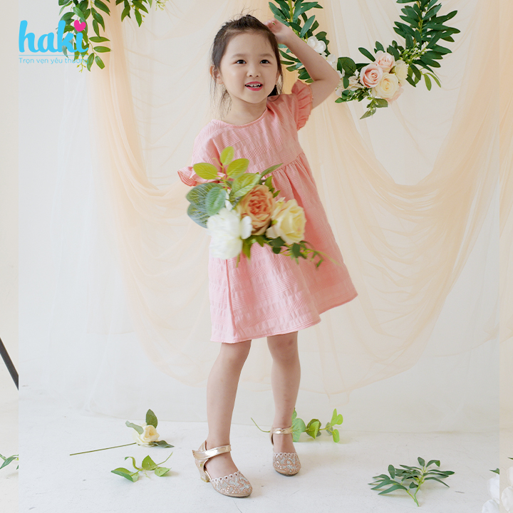 Đầm bé gái liền vai tay quấn bèo Haki, váy thiết kế cho bé gái từ 0-8 tuổi , đầm hè cho bé HK516.1