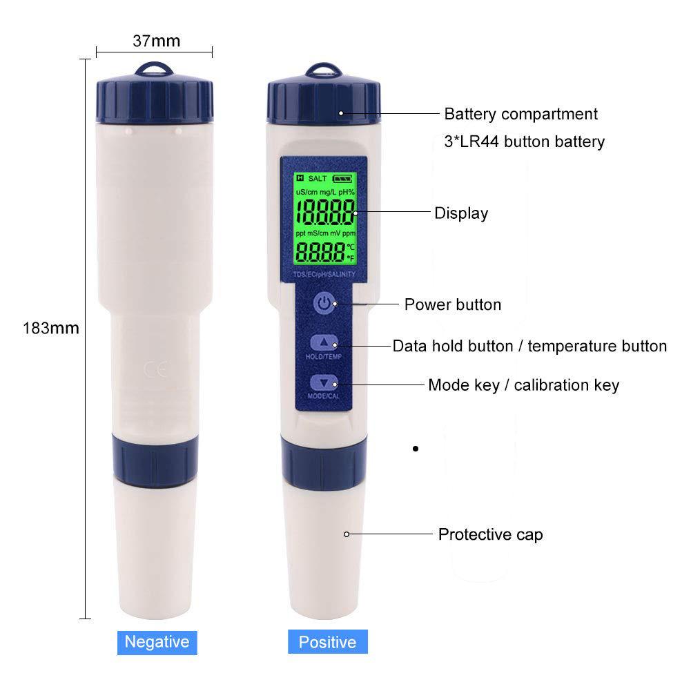Thiết bị đo độ pH kỹ thuật số 5 trong 1 TDS EC Nội dung muối nhiệt độ pH thử nghiệm độ chính xác cao