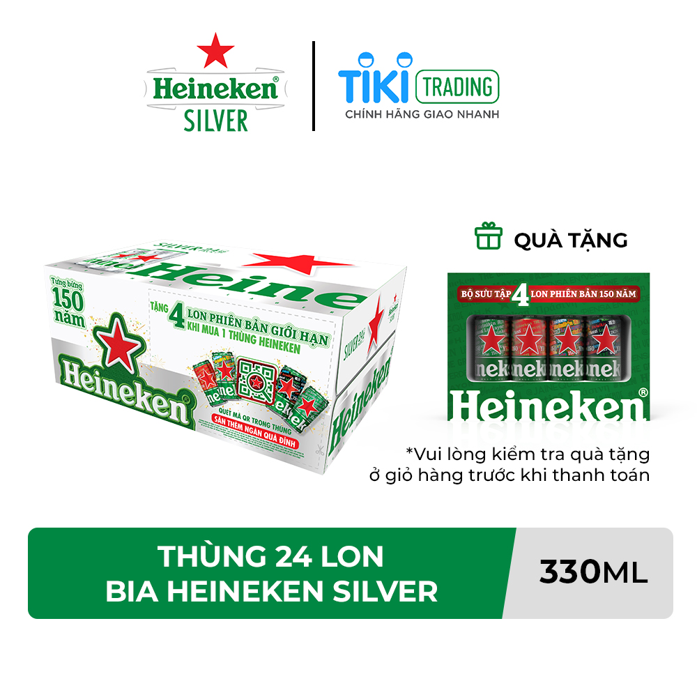Thùng 24 Lon Bia Heineken Silver 330ml/Lon Tặng Lốc 4 Lon Heineken Phiên Bản Giới Hạn