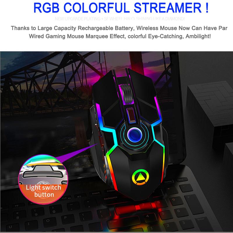 Im Lặng Sạc Chuột Chơi Game Không Dây Streamer RGB Nhiều Màu Sắc Đèn Có Thể Điều Chỉnh Backlit Nút USB 2.4G Chuột Cho Máy Tính Laptop