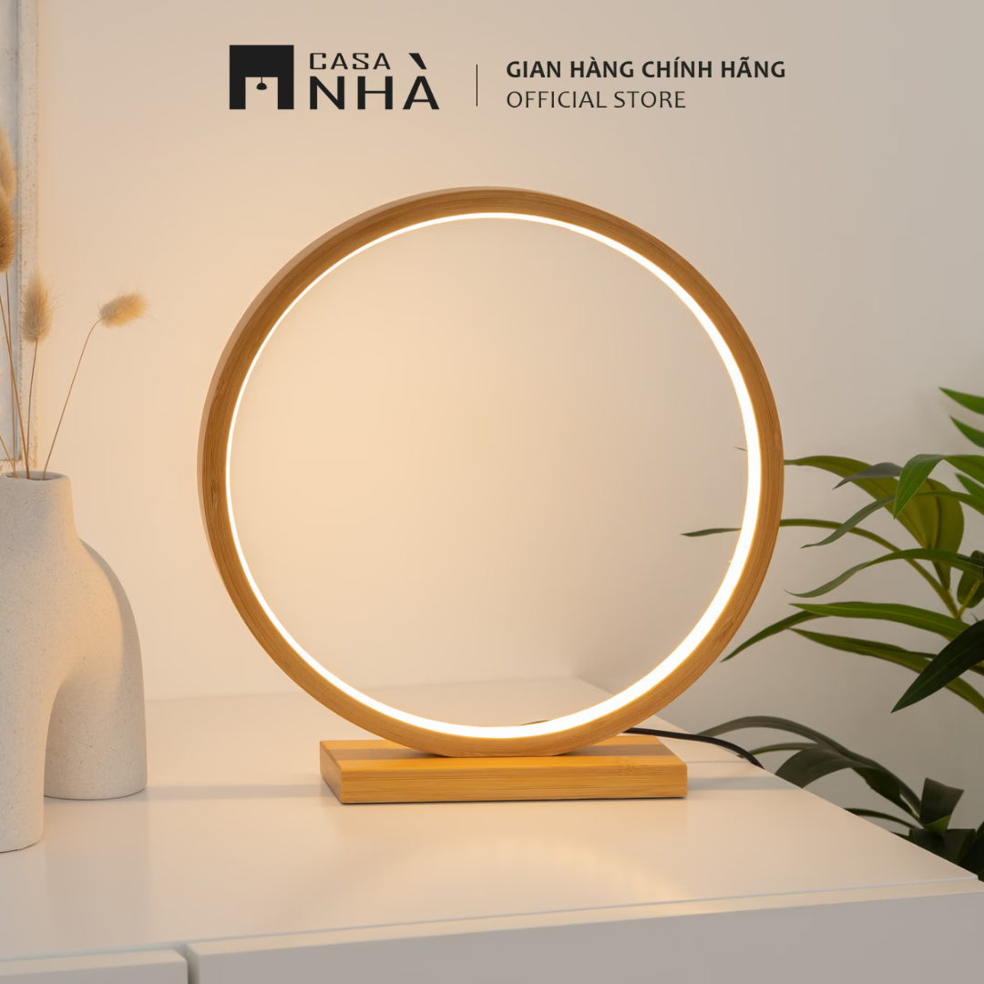 Đèn bàn LED tròn SANA - Đèn bàn LED tròn khung gỗ chắc chắn, decor trang trí phòng