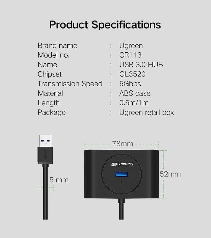 Ugreen UG50263CR113TK 25CM Màu Đen USB 3.0 Hub 4 Port With Power Port - HÀNG CHÍNH HÃNG