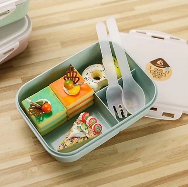 Hộp cơm lúa mạch 3 ngăn kèm muỗng nĩa