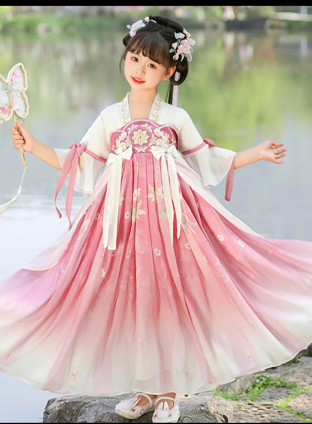 Đầm váy công chúa cổ trang hanfu thêu hoa cho bé gái diện lễ tết trung thu đẹp size 100-160 hàng Quảng Châu