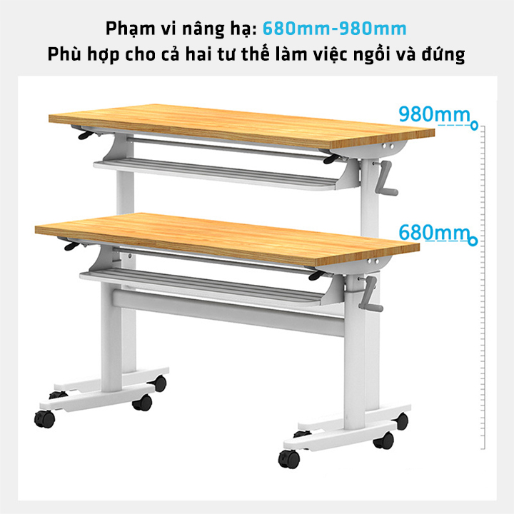 Bàn làm việc có ngăn kéo KT 60cm x 1m2. Bàn làm việc gấp gọn di động. Khung thép cacbon chịu lực sơn tĩnh điện. Tùy chỉnh nâng hạ độ cao.