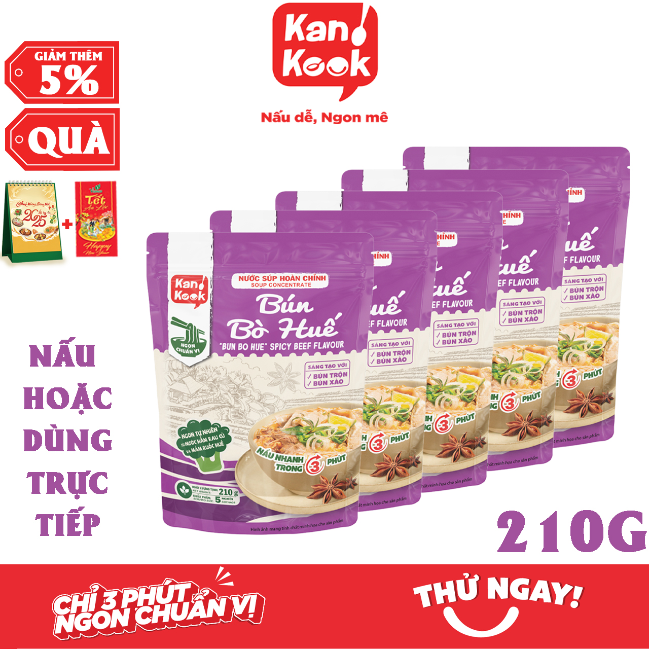 Nước Cốt Cô Đặc Vị Bún Bò Huế KanKook Gói 210g Nấu/Trộn Ăn Liền Vị Hoàn Chỉnh Chuẩn Vị Bún Bò Huế