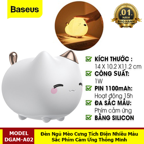 Đèn Ngủ Hình Thú Dễ Thương Cute Series Silicone Night Light Với Dung Lượng Pin 1100mah, Cảm Biến Sáng - Hàng Chính Hãng Baseus