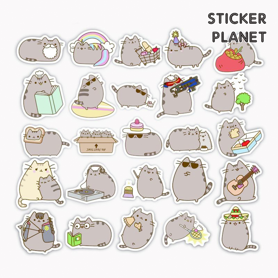 Bộ sticker mèo xám pusheen đáng yêu chống thấm nước trang trí mũ bảo hiểm, đàn, guitar, ukulele, điện thoại laptop