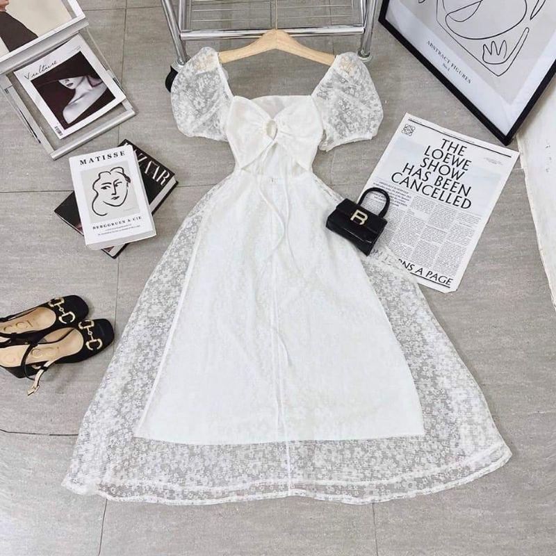 ĐẦM REN HOA TRẮNG DÁNG DÀI XÒE