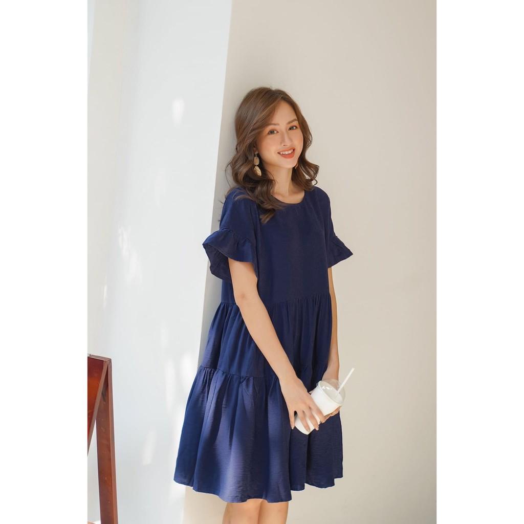 ĐẦM BABYDOLL XANH TƠ NHUNG CỔ TRÒN TAY LỠ XÒE