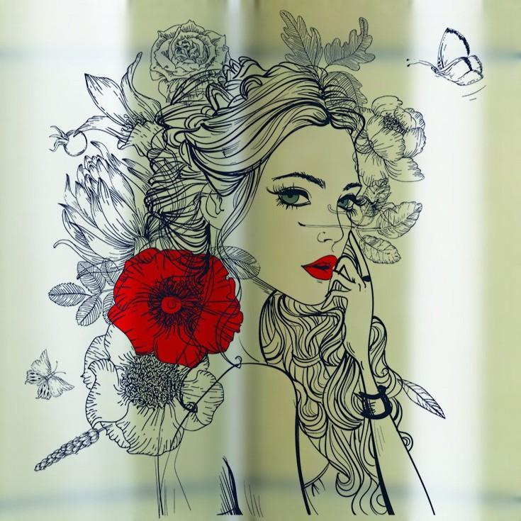 Decal trang trí dán kính cao cấp cô gái và đóa hoa hồng