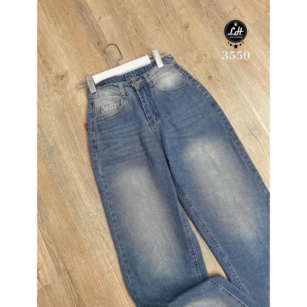 Quần jean nữ ống rộng, quần bò lưng cao màu xanh loang hai màu xả lai lưng kiểu Lê Huy Fashion MS 3550