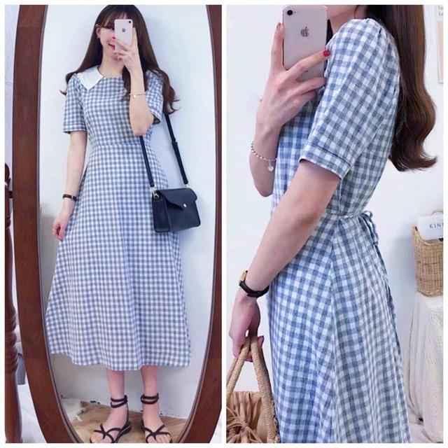 Đầm Dài Xanh Caro Phối