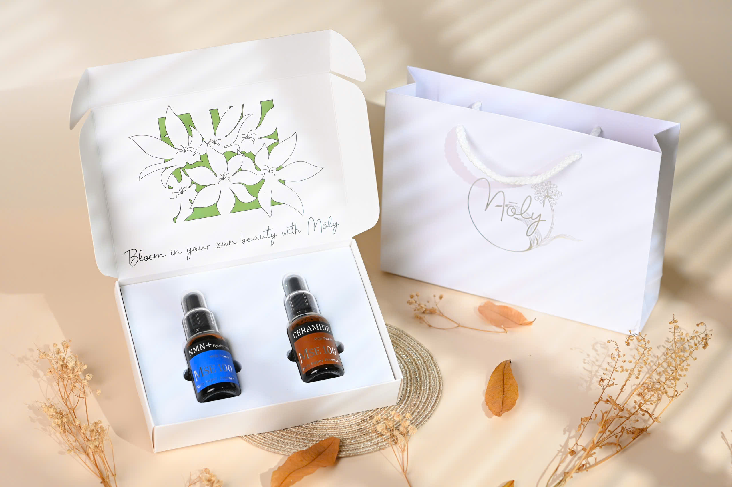 Bộ quà tặng MSE100 tinh chất phục hồi trẻ hóa da NMN+HY 30ml+ MSE100 tinh chất nuôi dưỡng da nhạy cảm Ceramide 30ml - Mōly Beauty