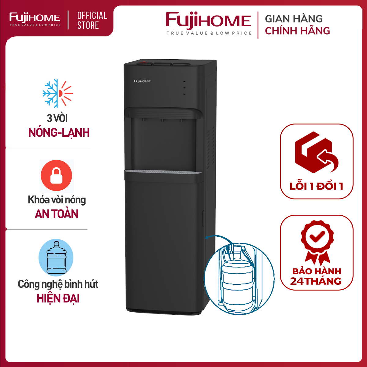 Cây nước nóng lạnh bình âm nhập khẩu Fujihome WD606C, máy nước nóng lạnh bình hút 3 vòi, khóa vòi nóng an toàn tự động ngắt tiết kiệm điện - Hàng chính hãng