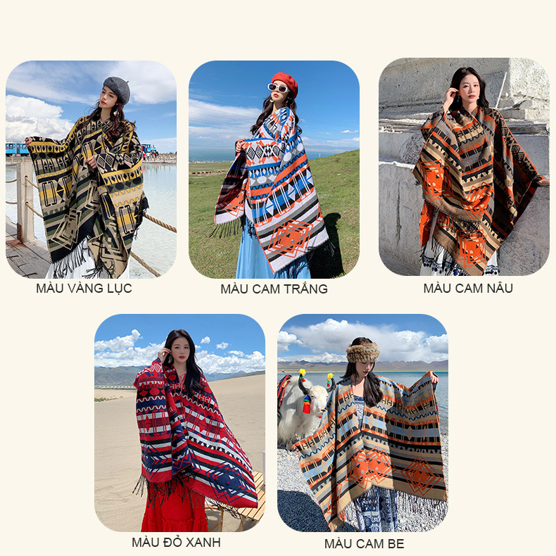 Khăn Áo Choàng Len Dạ Boho Họa Tiết Thổ Cẩm Dày Ấm