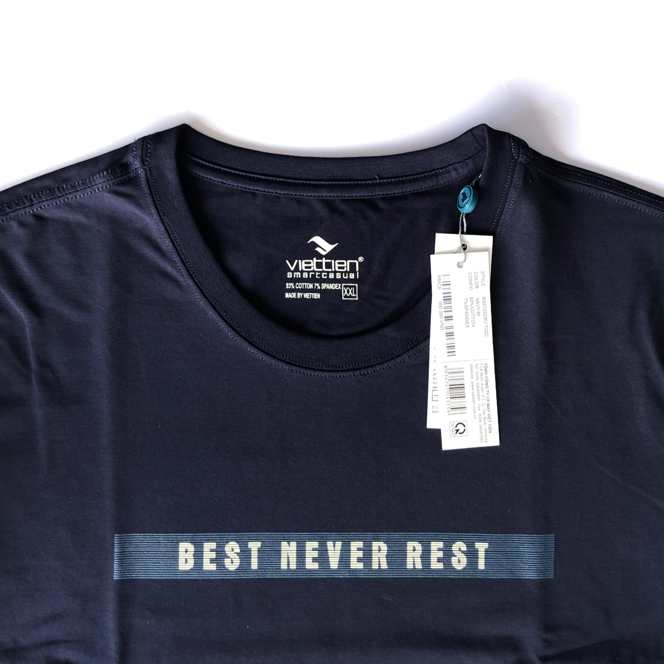 Viettien - Áo thun nam cổ tròn màu xanh đen vải cotton tay ngắn 6Q3122 regular