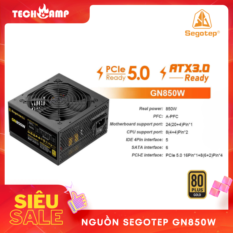 Nguồn SEGOTEP GN850W 80 PLUS GOLD PCIE 5.0 ATX 3.0 - Non Modular - Hàng chính hãng