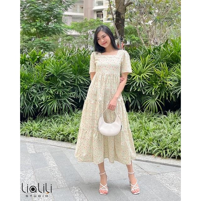 Đầm dài cô vuông hoa nhí- Thiết kế từ