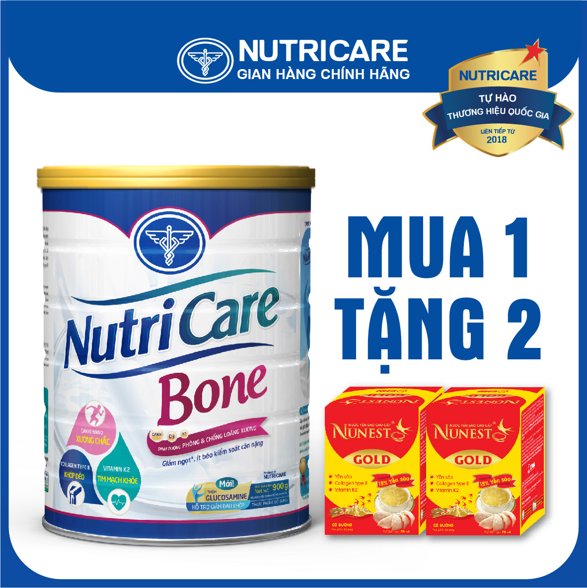 [Tặng 2 lọ yến] Sữa bột Nutricare Bone Mới phòng loãng xương cải thiện xương khớp (900g)