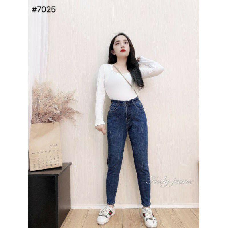 Quần Jeans Nữ Baggy Thêu Túi Cạp Cao