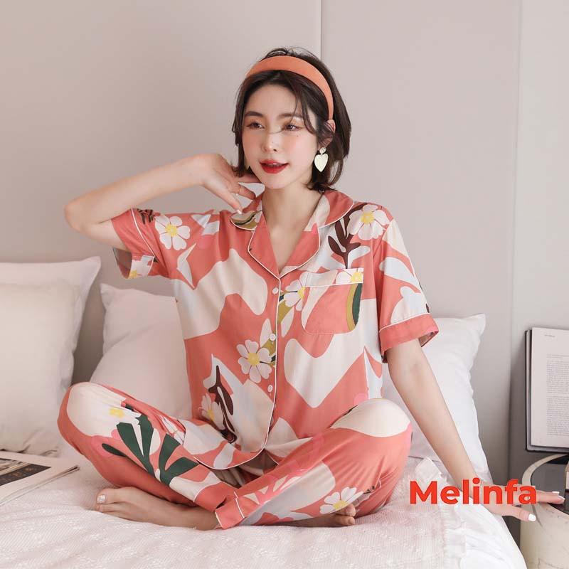 Bộ đồ ngủ Pijamas, bộ đồ mặc nhà nữ cộc tay, quần dài chất vải Cotton lụa tự nhiên thoáng mát nhiều màu mã VABD0174