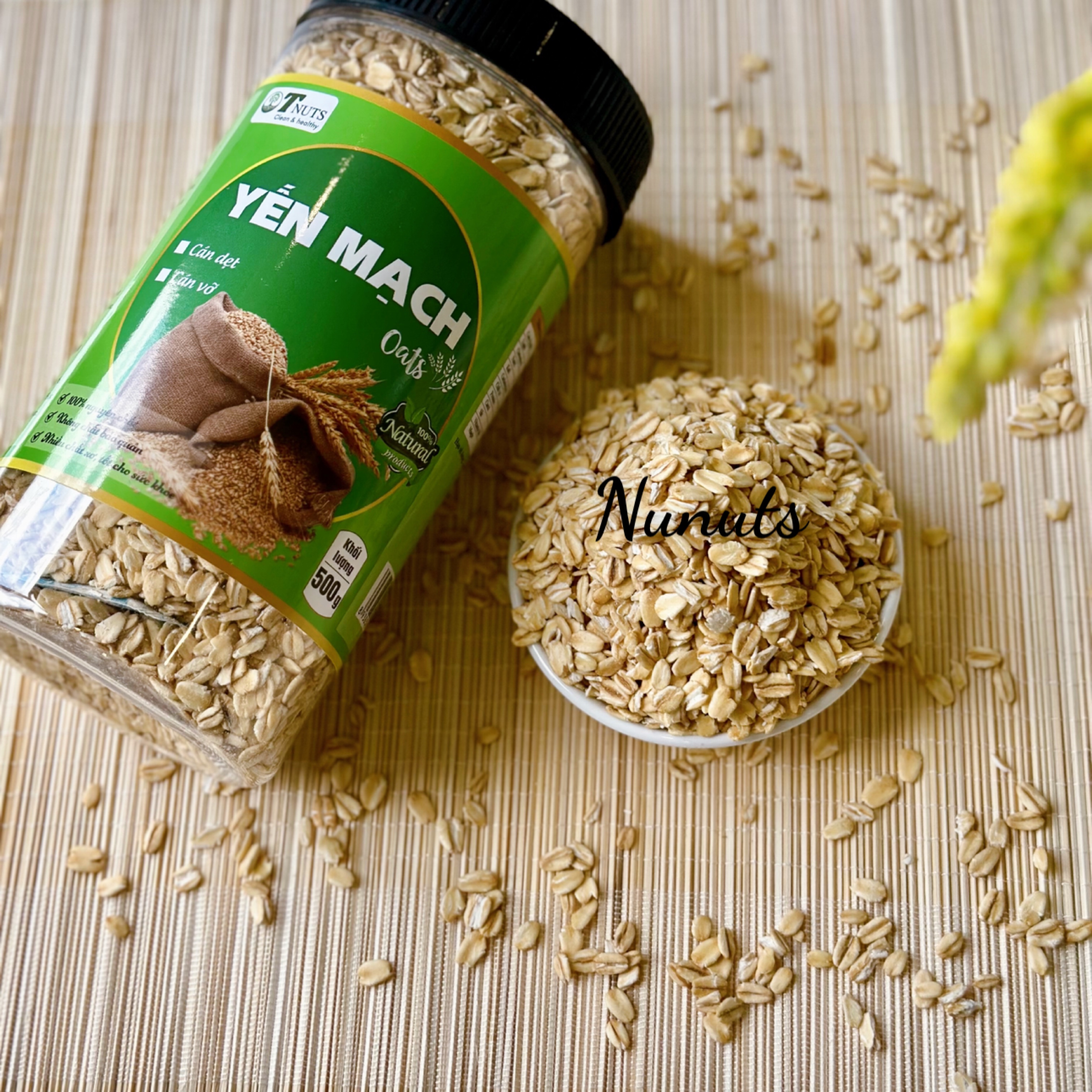 Yến mạch nguyên cám, hữu cơ Nunuts có cán dẹt và cán bể nấu cháo ăn dặm hoặc làm granola, sinh tố  hũ 500g