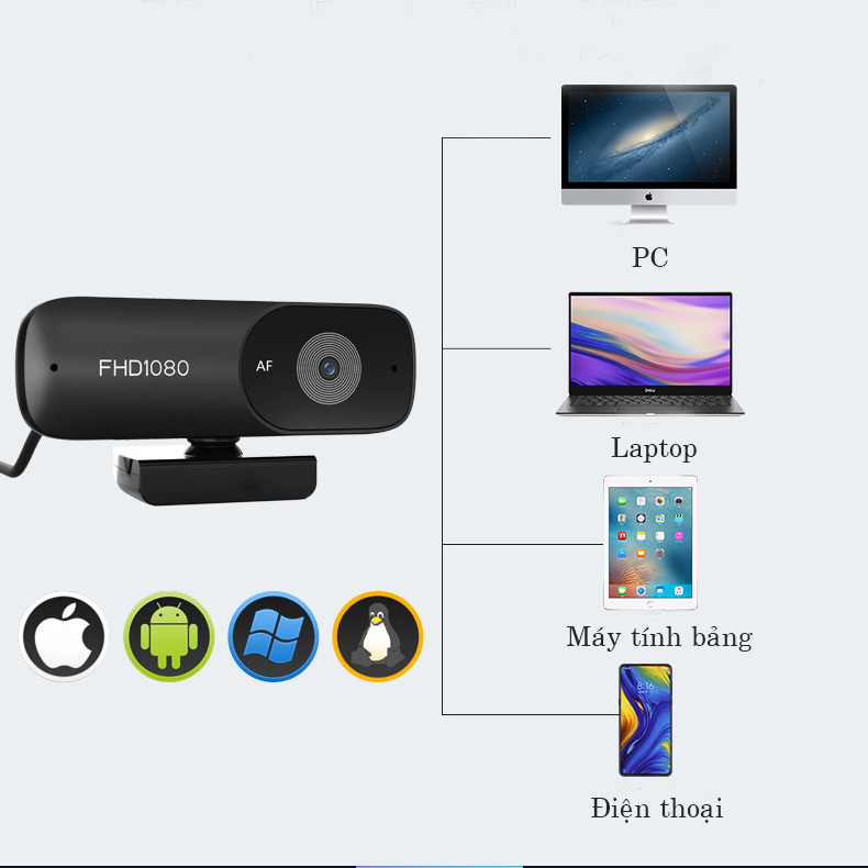 Webcam máy tính laptop PC FullHD 1080p- có mic- lấy nét tự động- dùng cho học online, hội họp,videocall, livestream