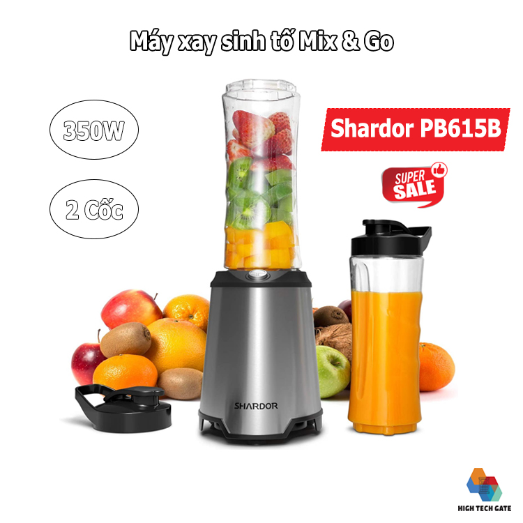 Máy xay sinh tố Shardor PB615B mix and go, tích hợp 2 bình du lịch kiêm nắp chống rò rỉ, mang theo mọi nơi, hàng chính hãng