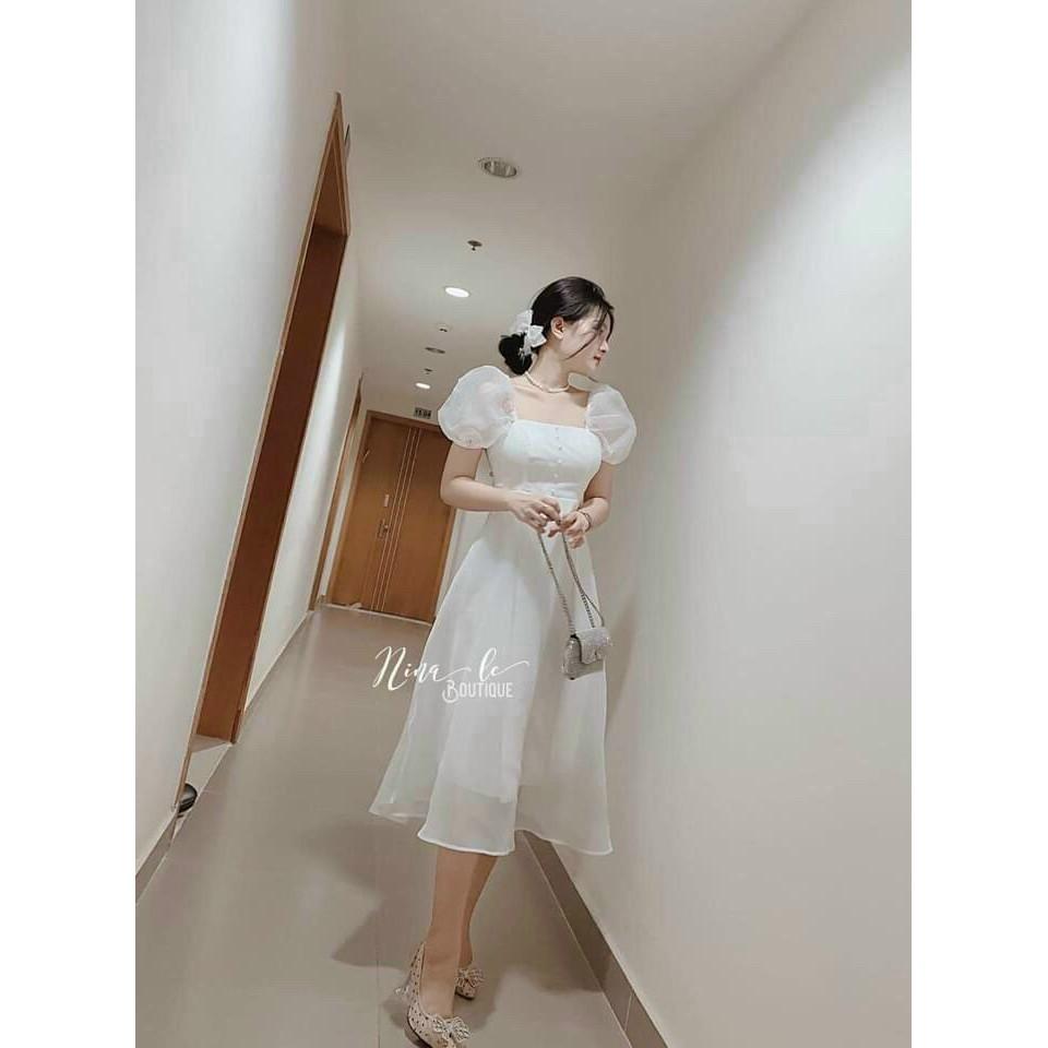 Váy đầm nữ dáng xòe màu trắng tinh khôi phối nút HT59